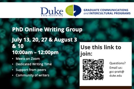 Image showing meeting times of July 13, 20, 27 and August 3 for PhD Writing group